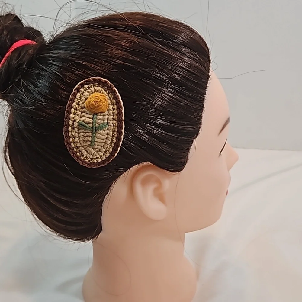 Hand Crafted Hand Knit Crochet Hair Clip Handmade embroidery yellow rose beige
